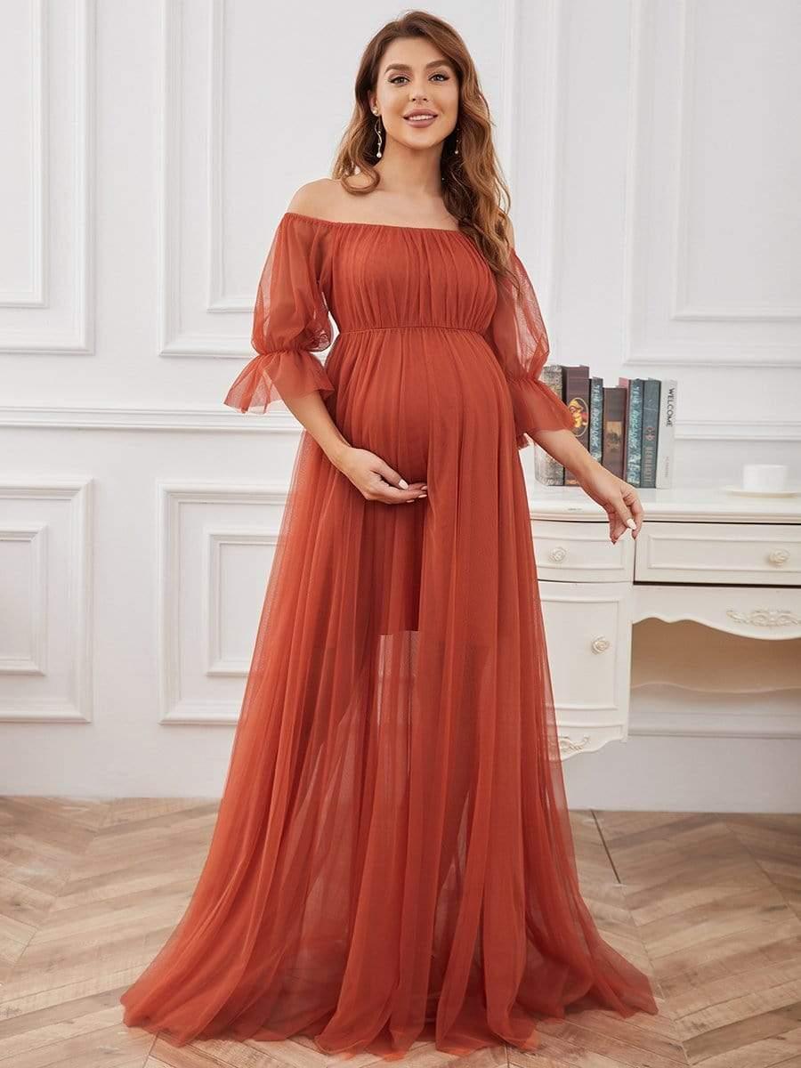 Elegant A-Line Long Maternity Dress with Off-Shoulder