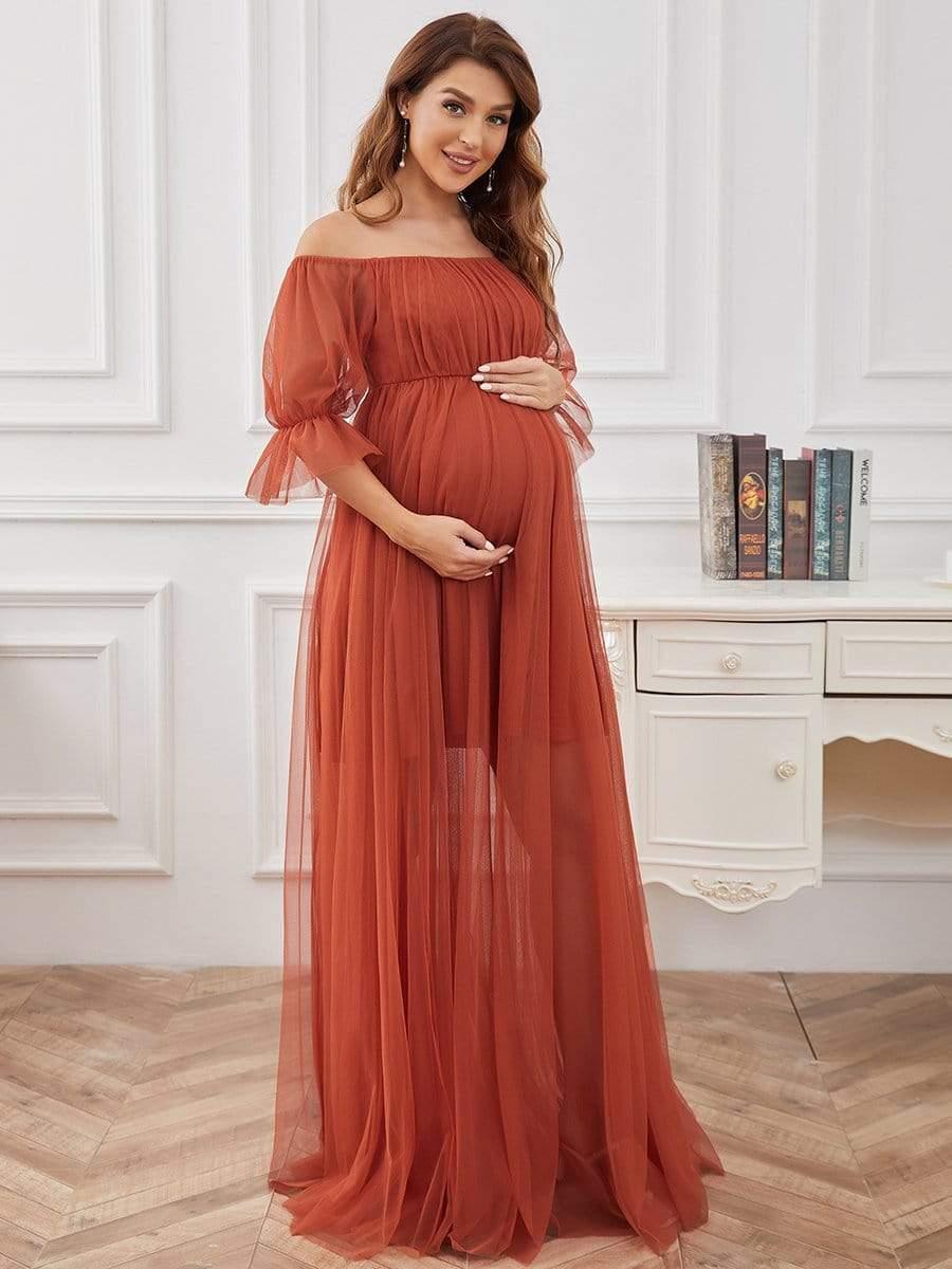 Elegant A-Line Long Maternity Dress with Off-Shoulder