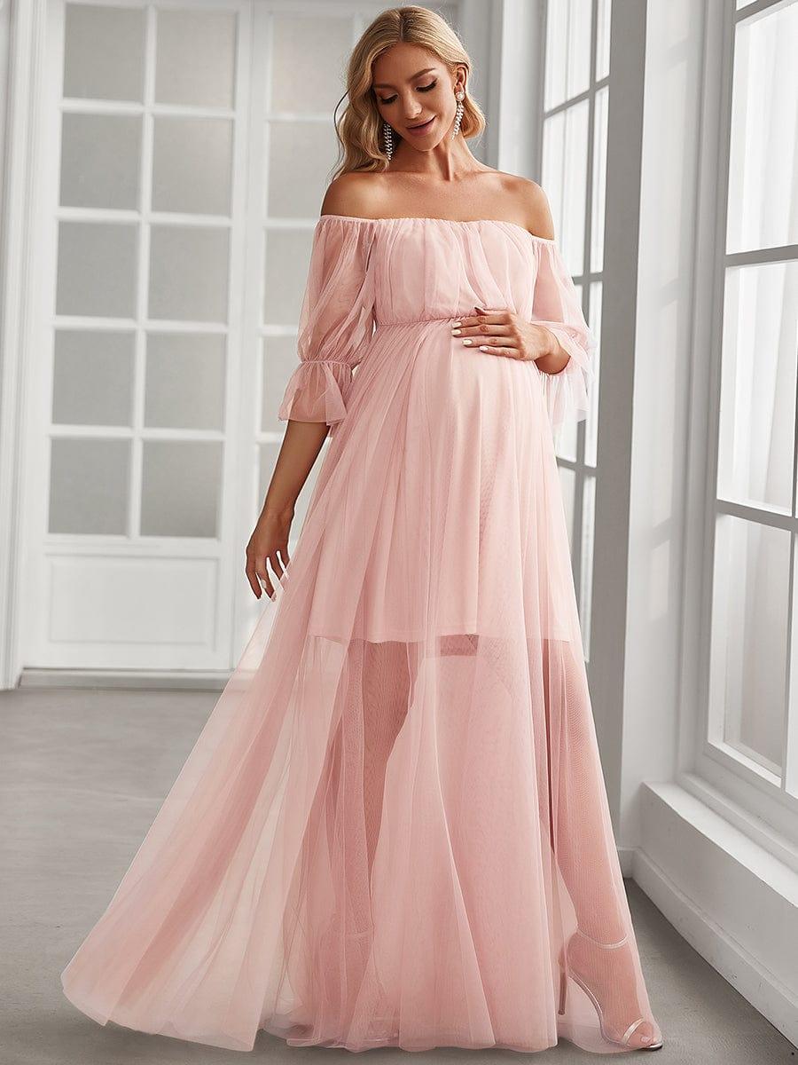 Elegant A-Line Long Maternity Dress with Off-Shoulder