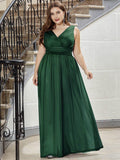 Plus Size V-Neck Pleated Empire Waist A-Line Evening Dress
