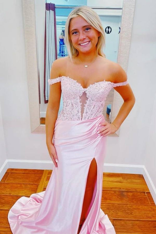 Off Shoulder Pink Applique Prom Dress with Slit
