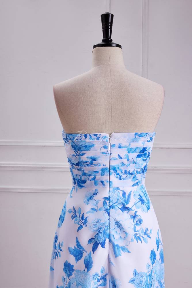 Blue Floral Strapless Pleated A-line Bridesmaid Dress