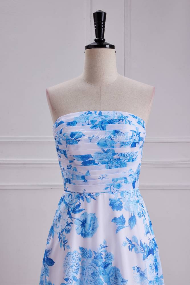 Blue Floral Strapless Pleated A-line Bridesmaid Dress