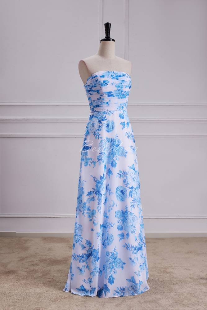 Blue Floral Strapless Pleated A-line Bridesmaid Dress