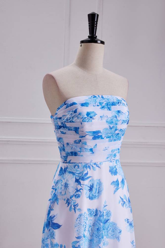 Blue Floral Strapless Pleated A-line Bridesmaid Dress