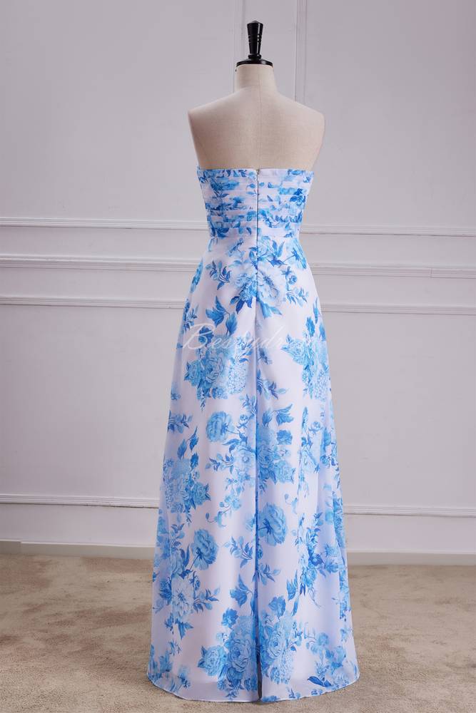 Blue Floral Strapless Pleated A-line Bridesmaid Dress