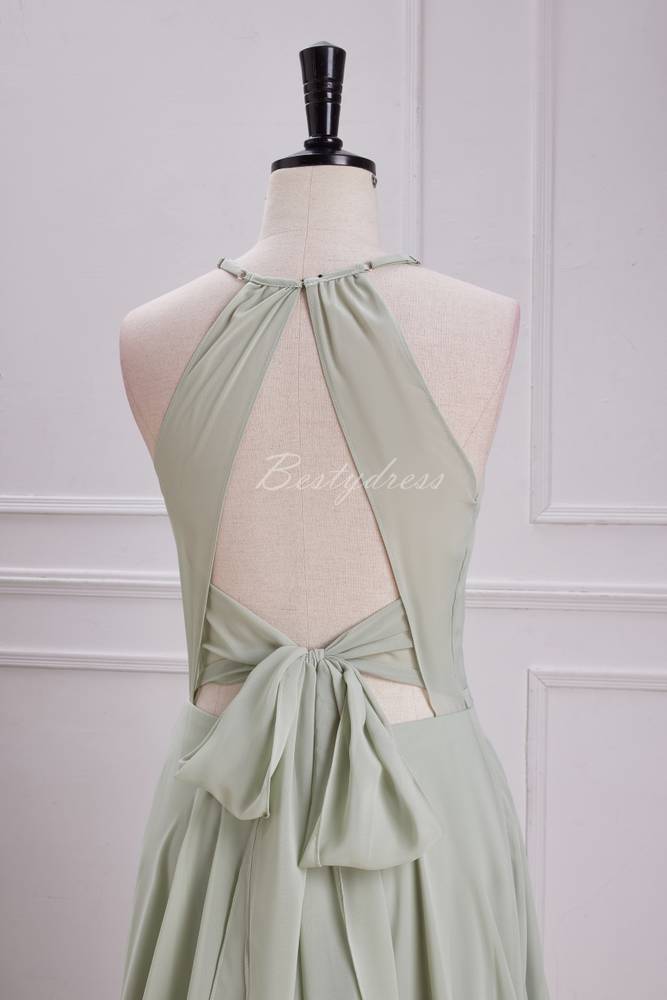 Dusty Sage Halter Slit Long Bridesmaid Dress with Bow
