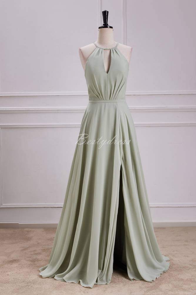 Dusty Sage Halter Slit Long Bridesmaid Dress with Bow