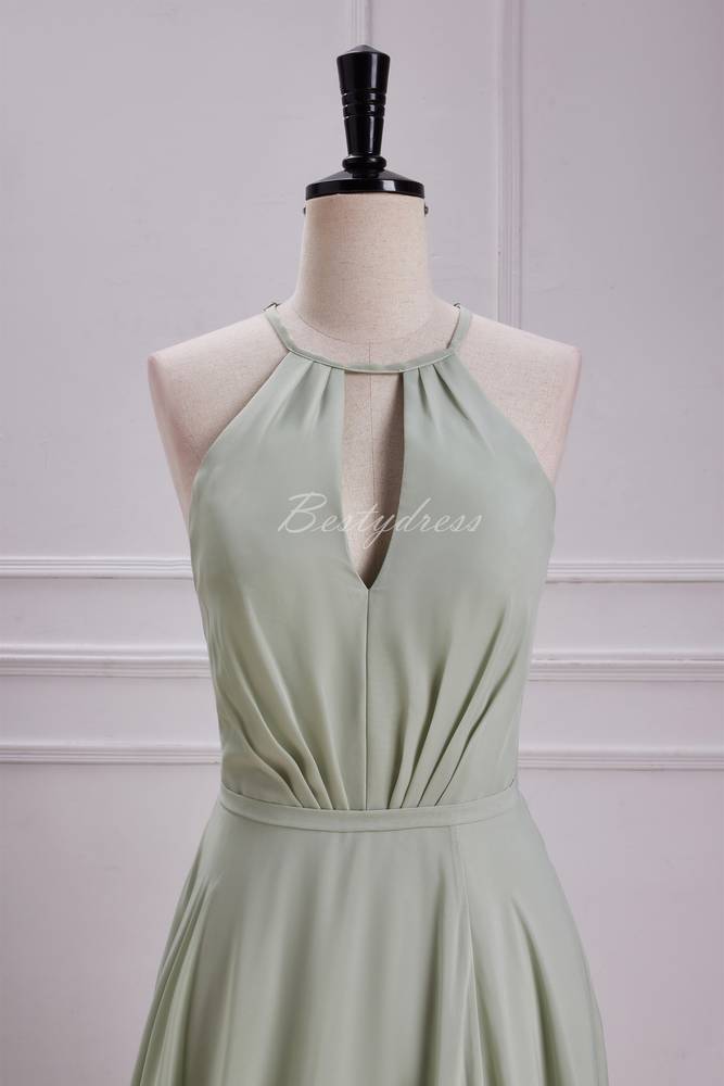 Dusty Sage Halter Slit Long Bridesmaid Dress with Bow