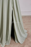 Dusty Sage Halter Slit Long Bridesmaid Dress with Bow