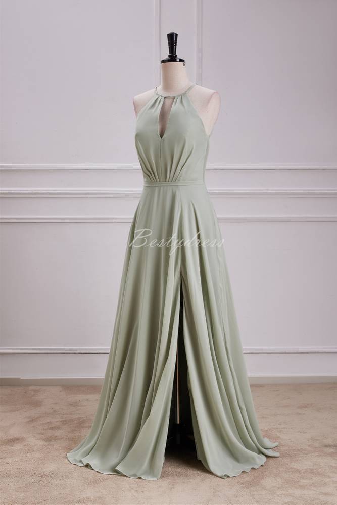 Dusty Sage Halter Slit Long Bridesmaid Dress with Bow