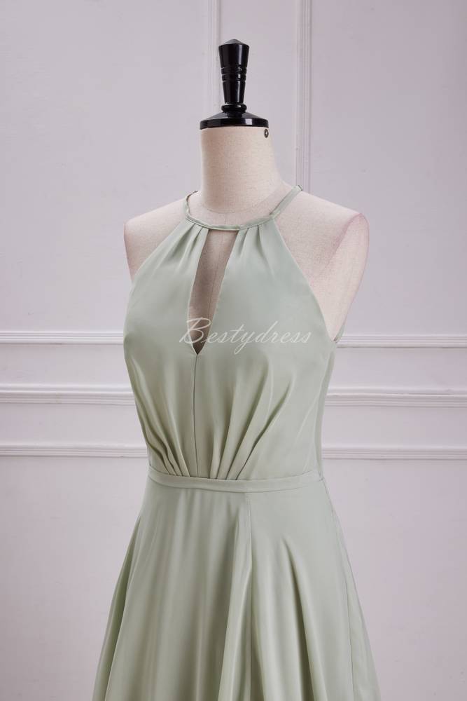 Dusty Sage Halter Slit Long Bridesmaid Dress with Bow
