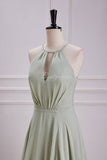 Dusty Sage Halter Slit Long Bridesmaid Dress with Bow
