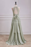 Dusty Sage Halter Slit Long Bridesmaid Dress with Bow