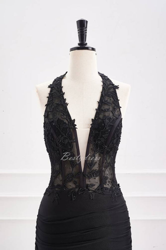Black Halter Applique Pleated Homecoming Dress