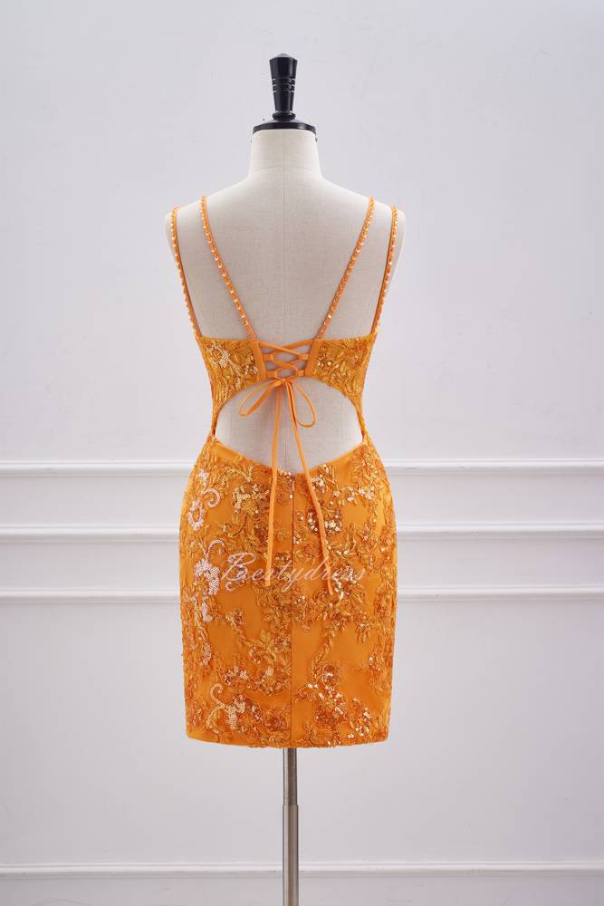 Orange Sequin Applique Tight Homecoming Dress