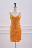 Orange Sequin Applique Tight Homecoming Dress