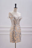 Champagne Sequin Applique Homecoming Dress with Off Shoulder