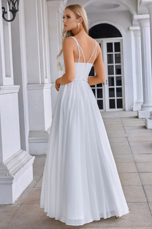 White Straps Pleated A-Line Long Evening Dress