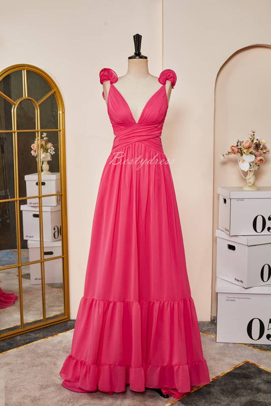 Straps Rose Pink Ruffled Long Prom Dress with Lace-Up Back 