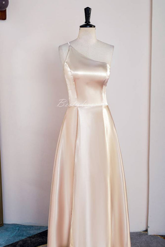Champagne Satin A-line Bridesmaid Dress with One Shoulder 