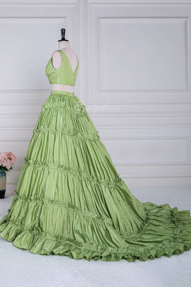 Green Ruffle A-line Long Prom Dress with Two-Piece 
