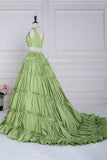 Green Ruffle A-line Long Prom Dress with Two-Piece 