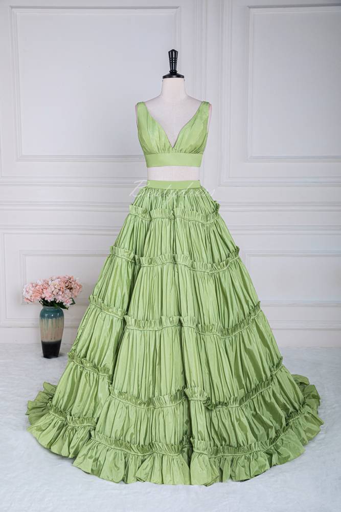 Green Ruffle A-line Long Prom Dress with Two-Piece 