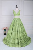 Green Ruffle A-line Long Prom Dress with Two-Piece 
