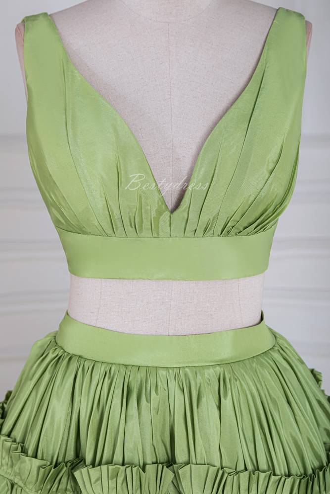 Green Ruffle A-line Long Prom Dress with Two-Piece 
