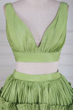 Green Ruffle A-line Long Prom Dress with Two-Piece 