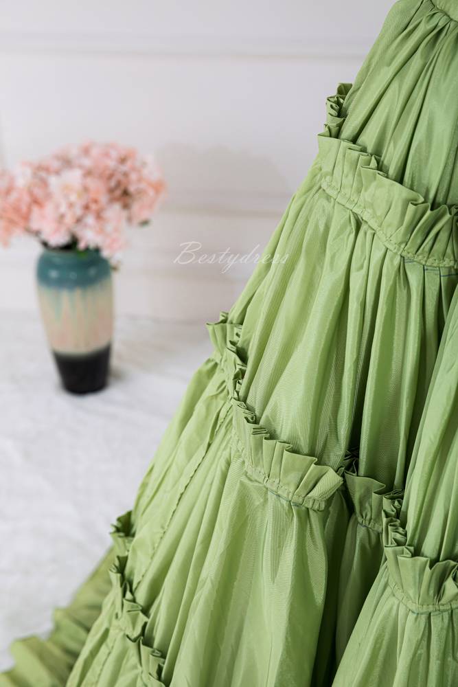 Green Ruffle A-line Long Prom Dress with Two-Piece 