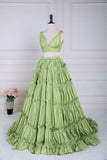 Green Ruffle A-line Long Prom Dress with Two-Piece 