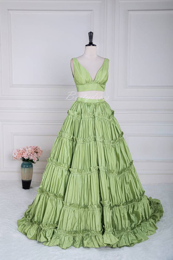 Green Ruffle A-line Long Prom Dress with Two-Piece 