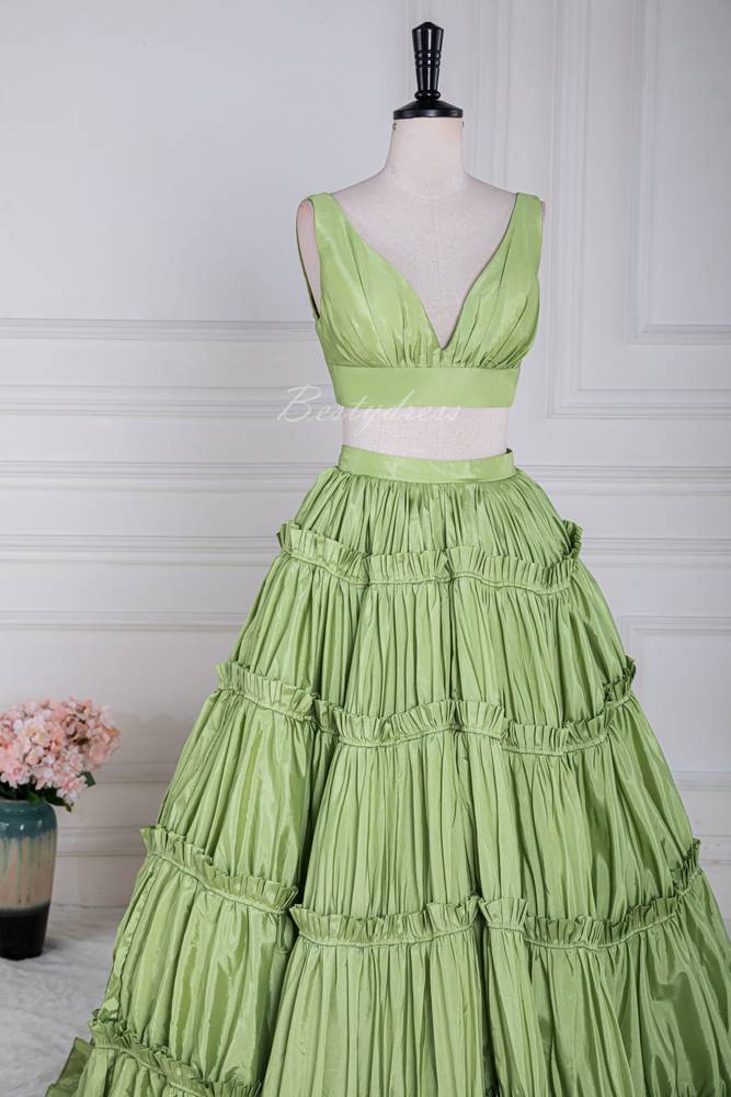 Green Ruffle A-line Long Prom Dress with Two-Piece 