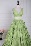 Green Ruffle A-line Long Prom Dress with Two-Piece 