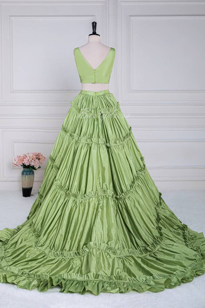 Green Ruffle A-line Long Prom Dress with Two-Piece 