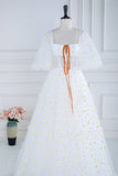 White Embroideries Tulle A-Line Prom Dress with Puff Sleeves