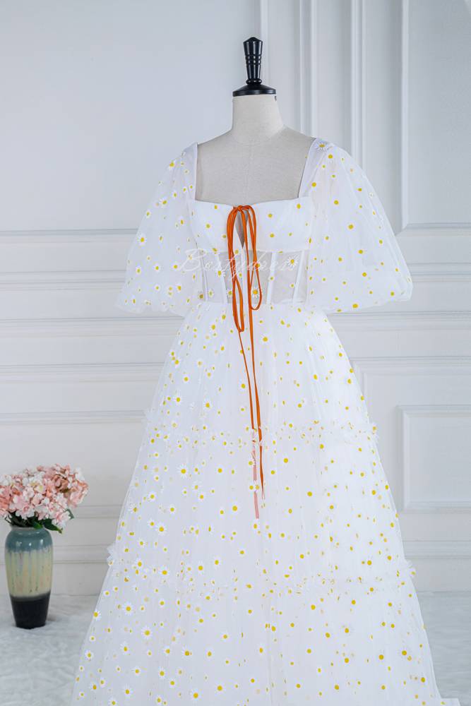 White Embroideries Tulle A-Line Prom Dress with Puff Sleeves