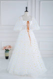 White Embroideries Tulle A-Line Prom Dress with Puff Sleeves