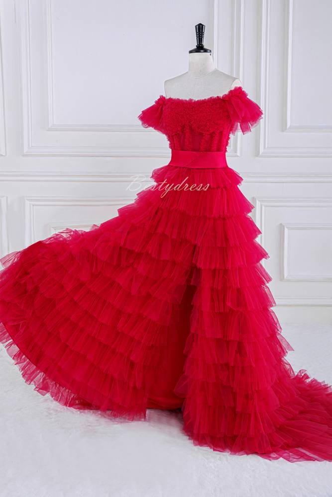 Rose Pink Multi-Layered Slit Prom Dress with Off Shoulder