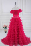 Rose Pink Multi-Layered Slit Prom Dress with Off Shoulder