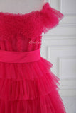Rose Pink Multi-Layered Slit Prom Dress with Off Shoulder
