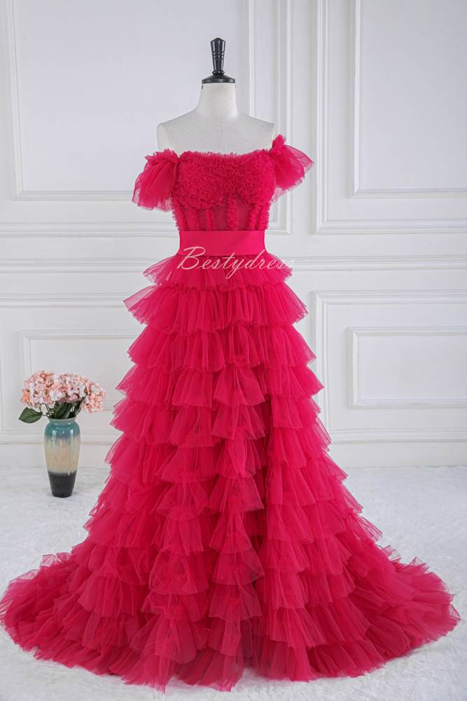 Rose Pink Multi-Layered Slit Prom Dress with Off Shoulder