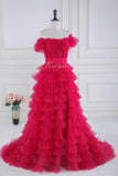 Rose Pink Multi-Layered Slit Prom Dress with Off Shoulder
