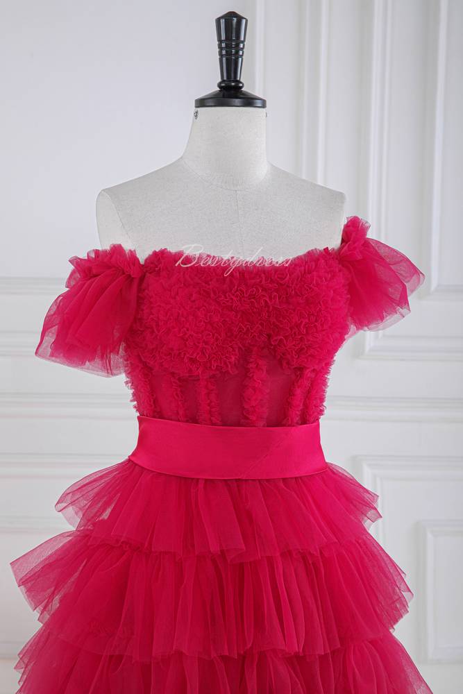 Rose Pink Multi-Layered Slit Prom Dress with Off Shoulder