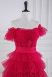 Rose Pink Multi-Layered Slit Prom Dress with Off Shoulder
