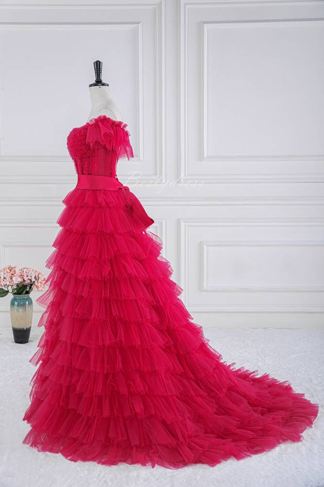 Rose Pink Multi-Layered Slit Prom Dress with Off Shoulder