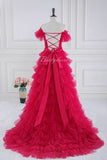 Rose Pink Multi-Layered Slit Prom Dress with Off Shoulder
