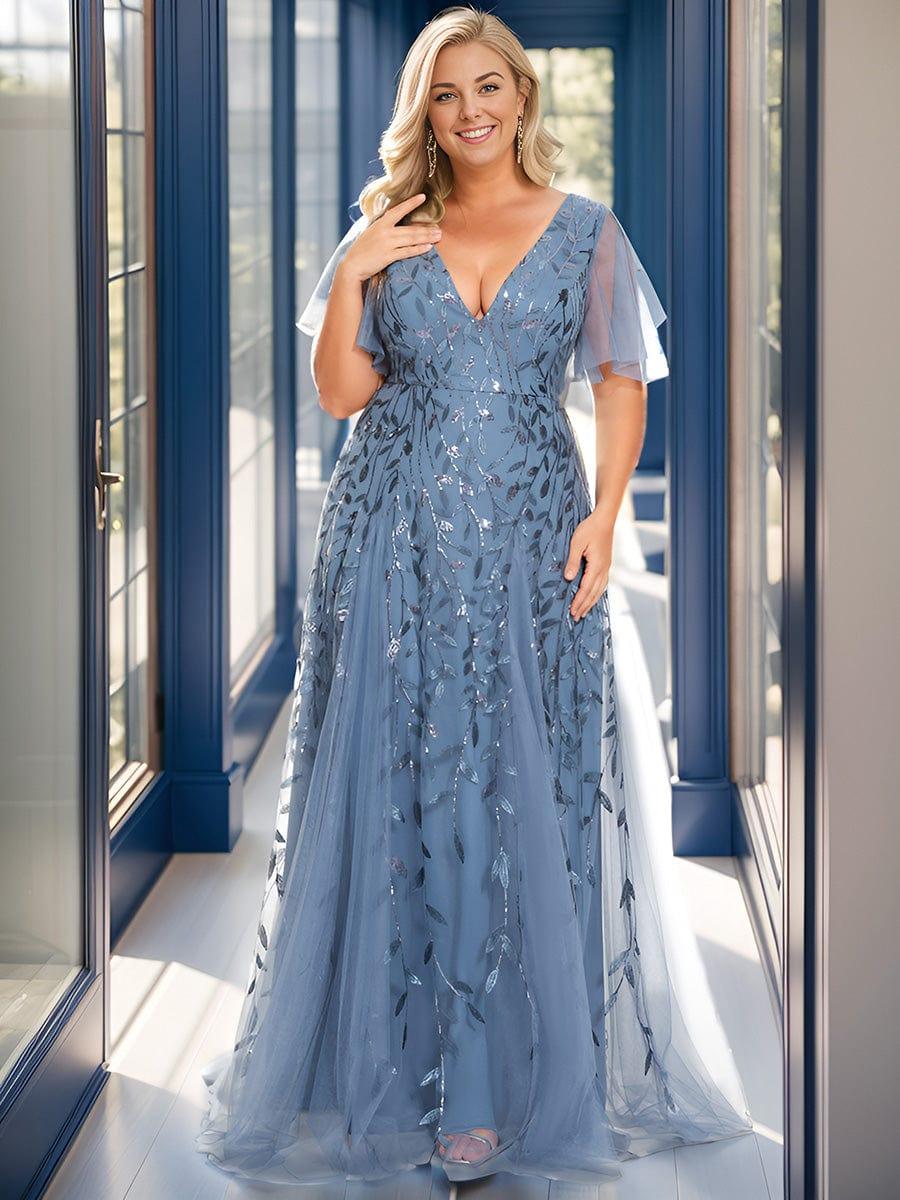 Plus Size V-Neck Lace Applique A-Line Evening Dress #color_Dusty Blue